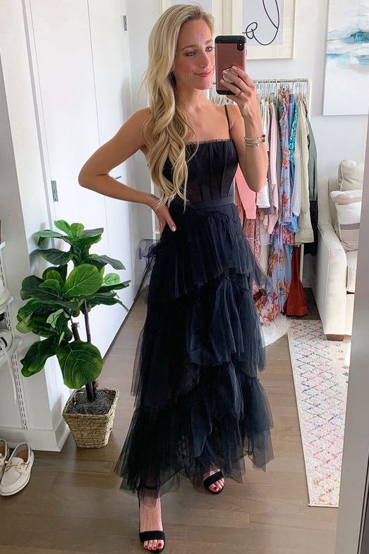 Elegant A-line Layered Tulle Black Prom Dress,Sheer Corset Long Evening Dress,Graduation Dress fg553