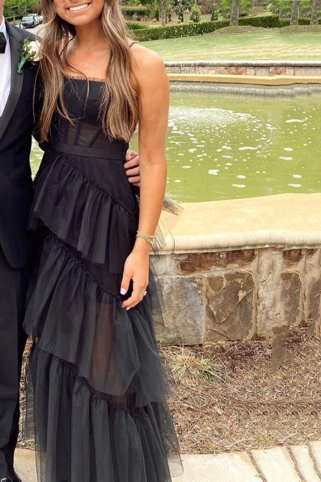 Elegant A-line Layered Tulle Black Prom Dress,Sheer Corset Long Evening Dress,Graduation Dress fg553
