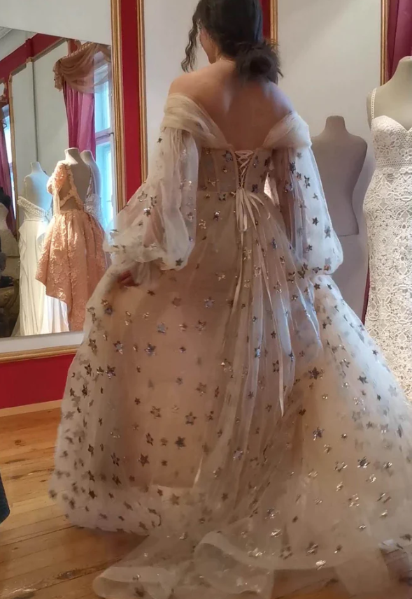 Princess Tulle Starry Prom Dress, Sparkly Off The Shoulder Stars Long Party Gown fg560
