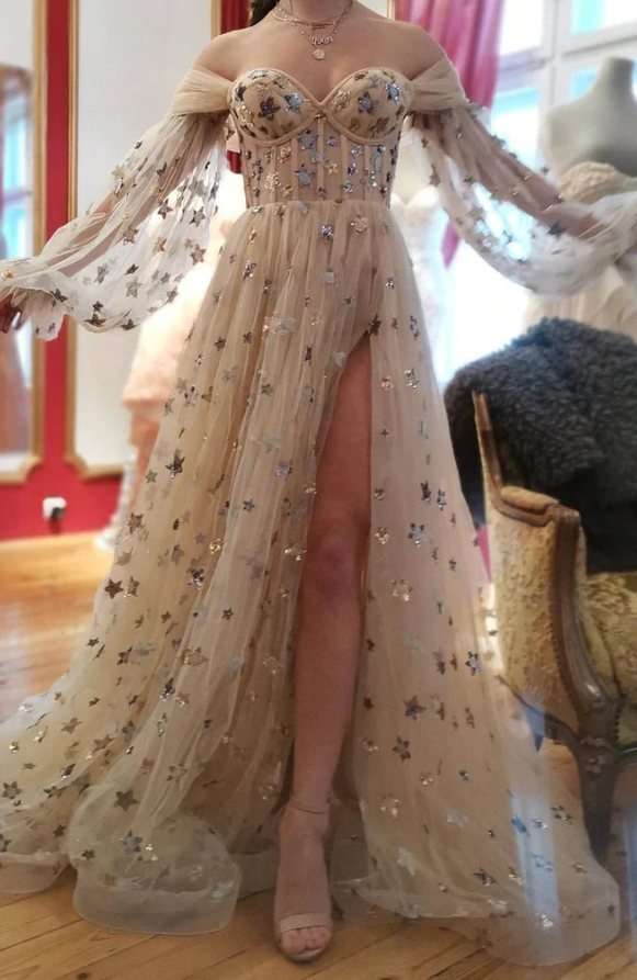 Princess Tulle Starry Prom Dress, Sparkly Off The Shoulder Stars Long Party Gown fg560