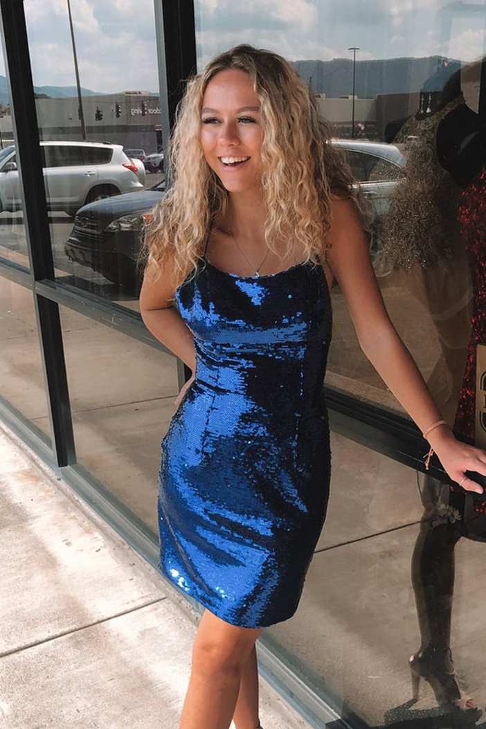 Navy Blue Sequins Tight Party Dress Homecoming Dress fg562
