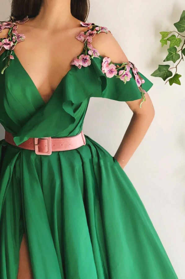 Green Satin Flower High Split Side Cold Shoulder Appliques Formal Gowns fg571