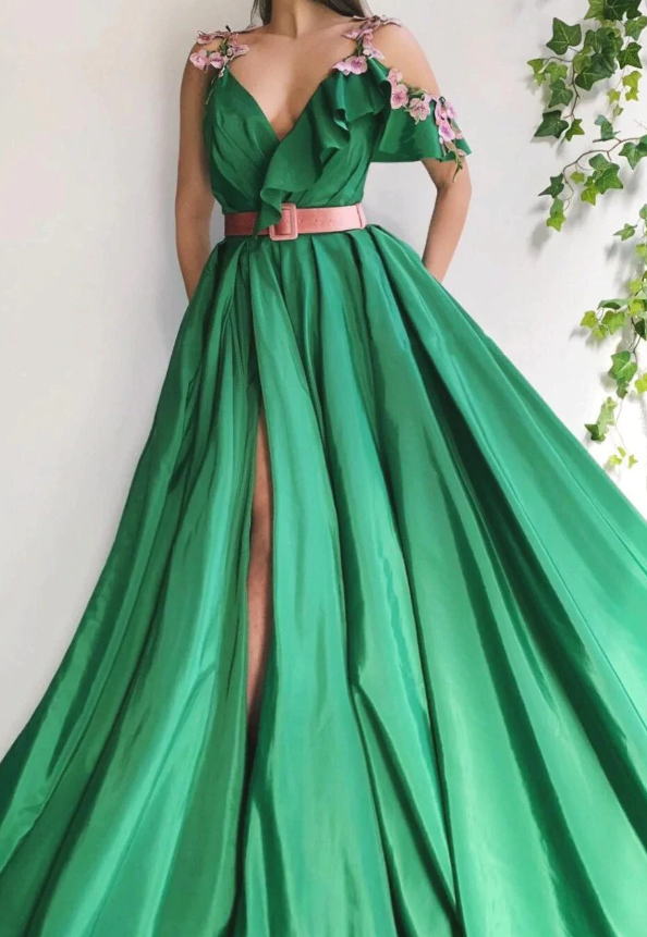 Green Satin Flower High Split Side Cold Shoulder Appliques Formal Gowns fg571
