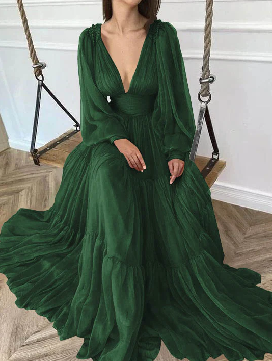 A-Line V-neck Ruffles Sweep Train Chiffon Party Prom Dresses fg577