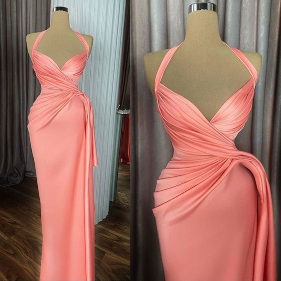Peach prom dresses, pleats prom dresses, halter prom dresses, satin evening dresses, new arrival prom dresses fg601