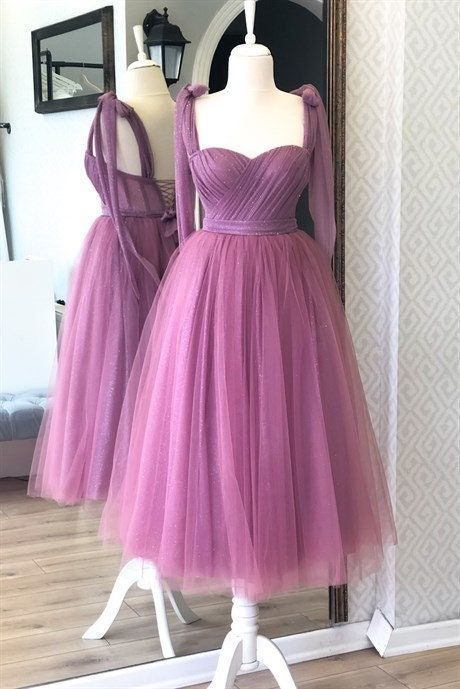 Purple sparkly tulle corset midi dress, Prom dress fg635