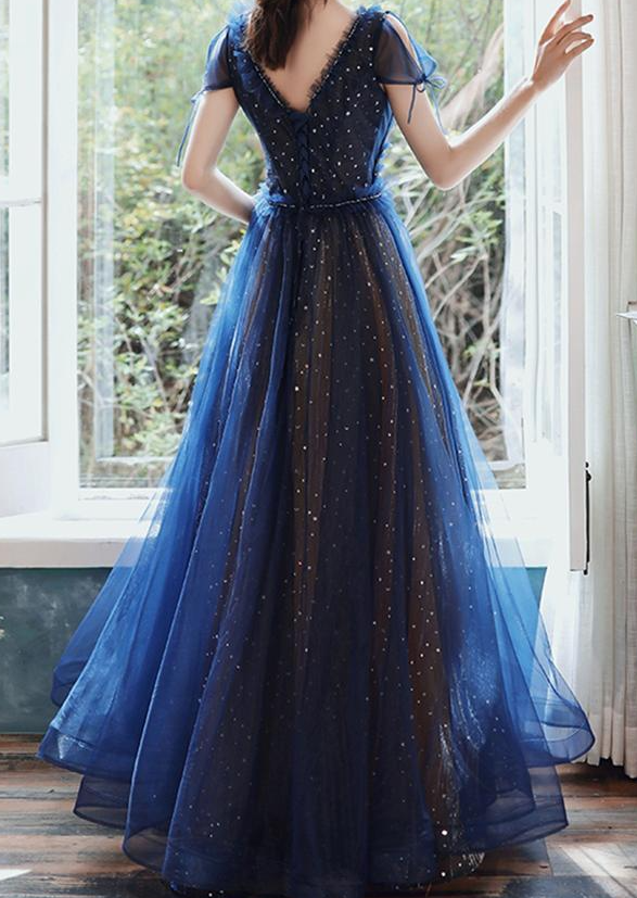Stars Moon Sequins Prom Dress Navy Blue Long Evening Dress V Neck Banquet Dress Short Sleeve Girls Party Dress Graduation Dress fg656