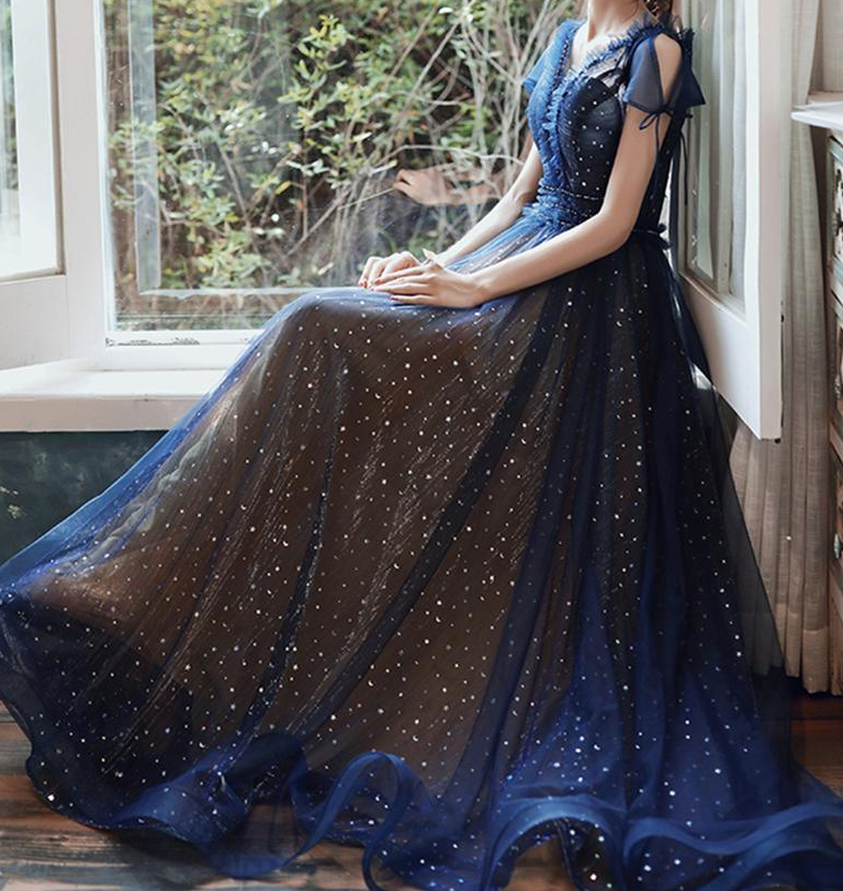 Stars Moon Sequins Prom Dress Navy Blue Long Evening Dress V Neck Banquet Dress Short Sleeve Girls Party Dress Graduation Dress fg656