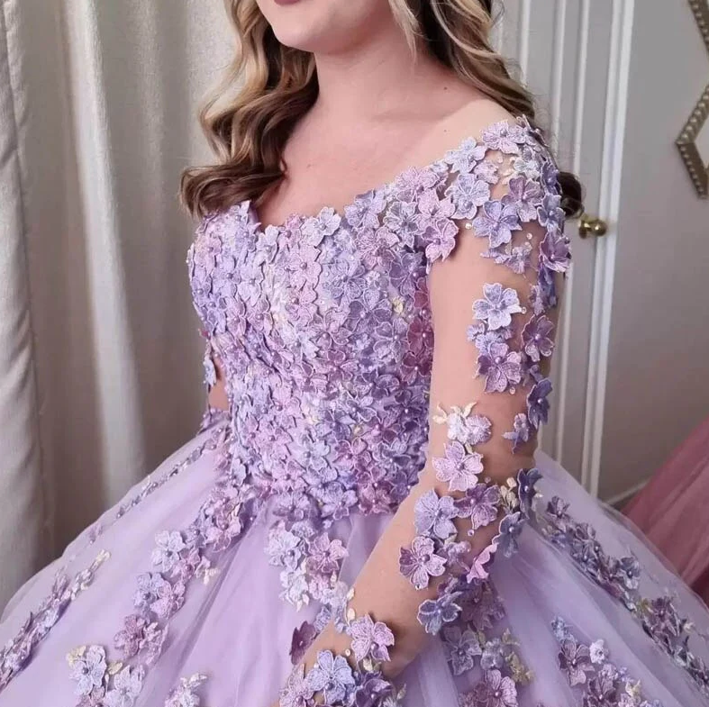 Lilac Ball Gown 3D Floral Lace Applique Long Sleeve Special Occasion Dress Sweet 16 Dress fg665
