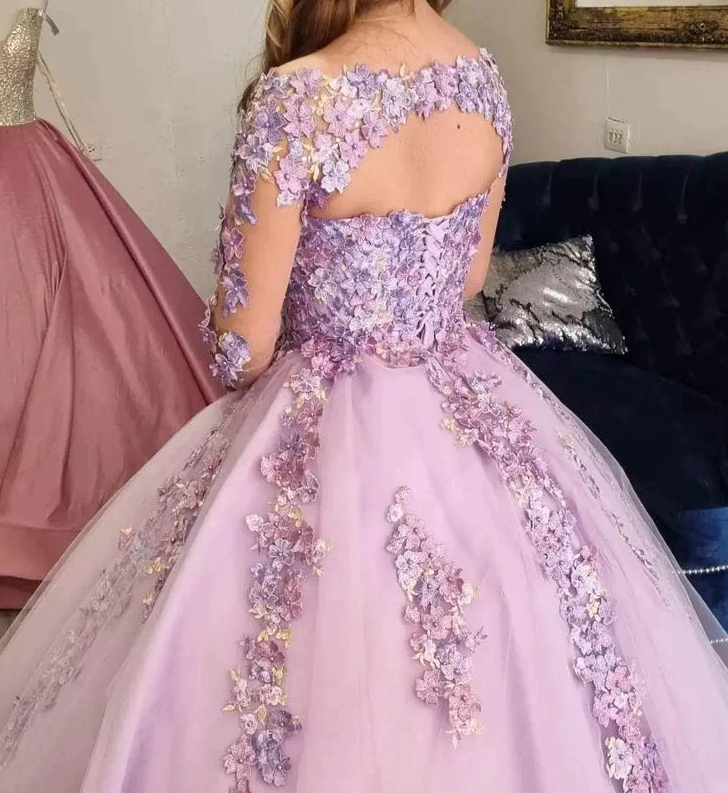 Lilac Ball Gown 3D Floral Lace Applique Long Sleeve Special Occasion Dress Sweet 16 Dress fg665