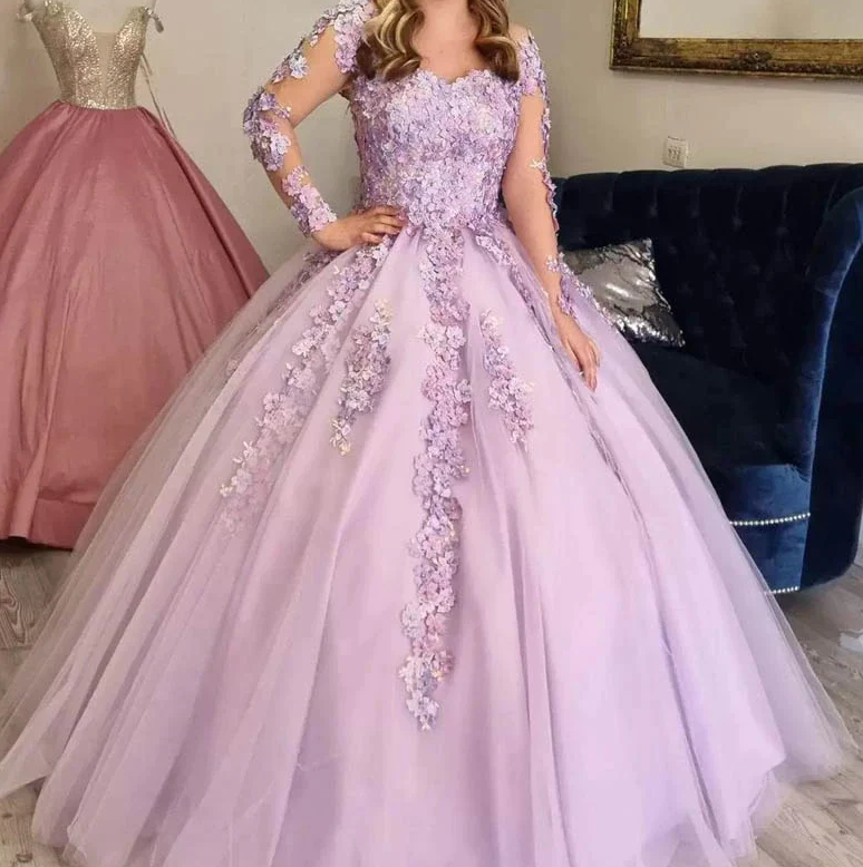 Lilac Ball Gown 3D Floral Lace Applique Long Sleeve Special Occasion Dress Sweet 16 Dress fg665