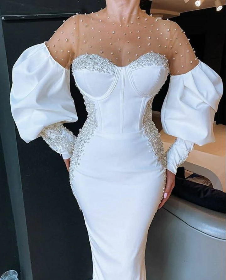 SHEER O-NECK PEARLS BEADED PROM DRESSES fg673