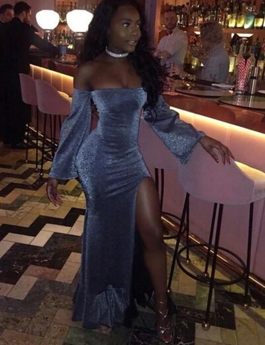Silver Prom Dresses Long Sleeves Off the Shoulder Party Dresses Split fg688