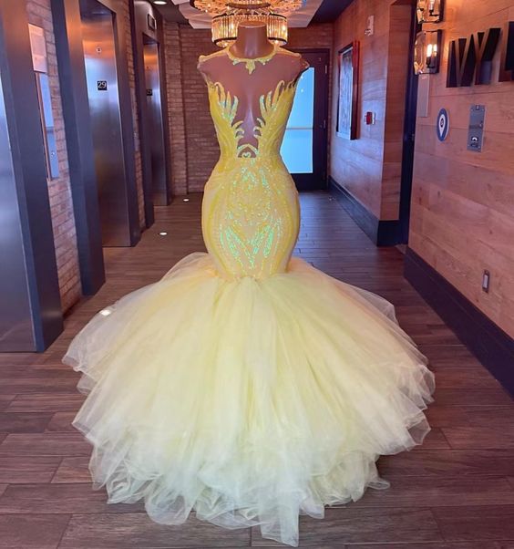 Yellow sparkly prom dresses tulle mermaid elegant modest prom gown custom make formal party dresses fg717