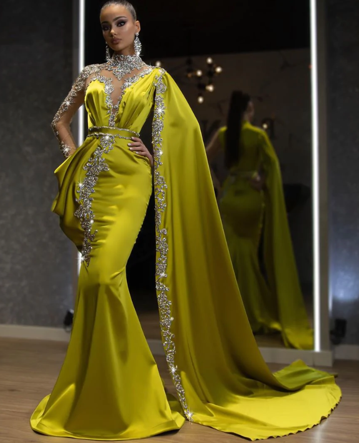 ELEGANT CRYSTAL MERMAID EVENING GOWN WITH CLOAK SLEEVE fg725