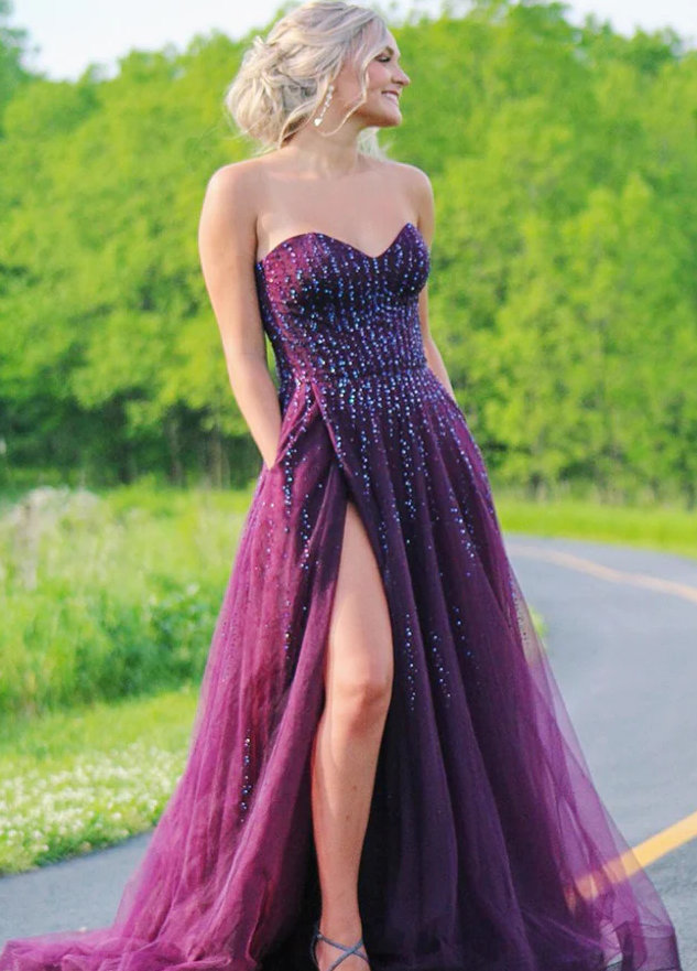 A Line Tulle Grape Beaded Sweetheart Long Side Slit Prom Dresses fg761