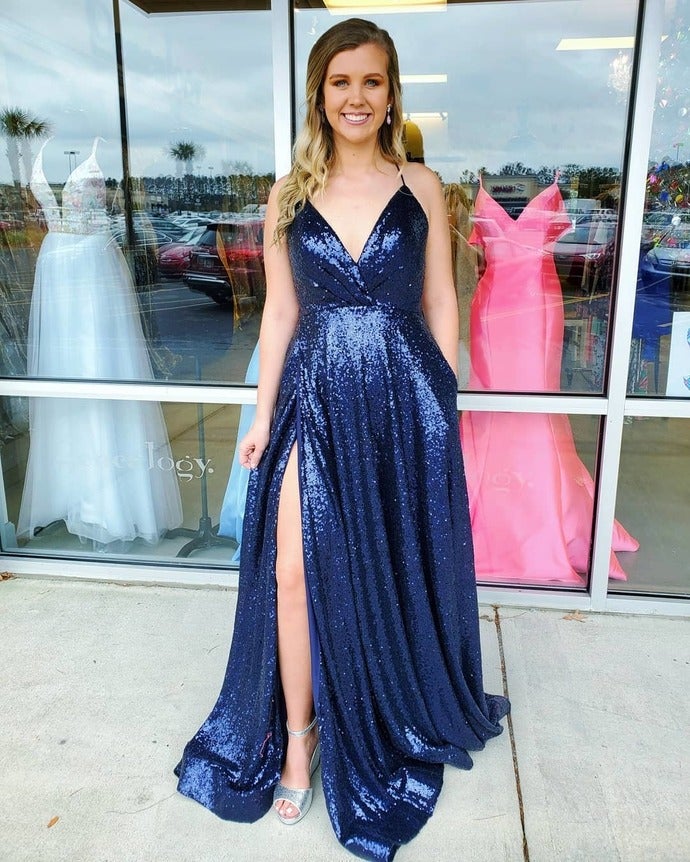 Straps Navy Blue Sequins Prom Dress with Slit fg767