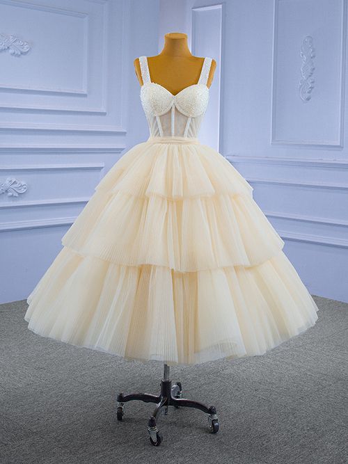Champagne Tulle Straps Tiers Beading Short Prom Dress fg778