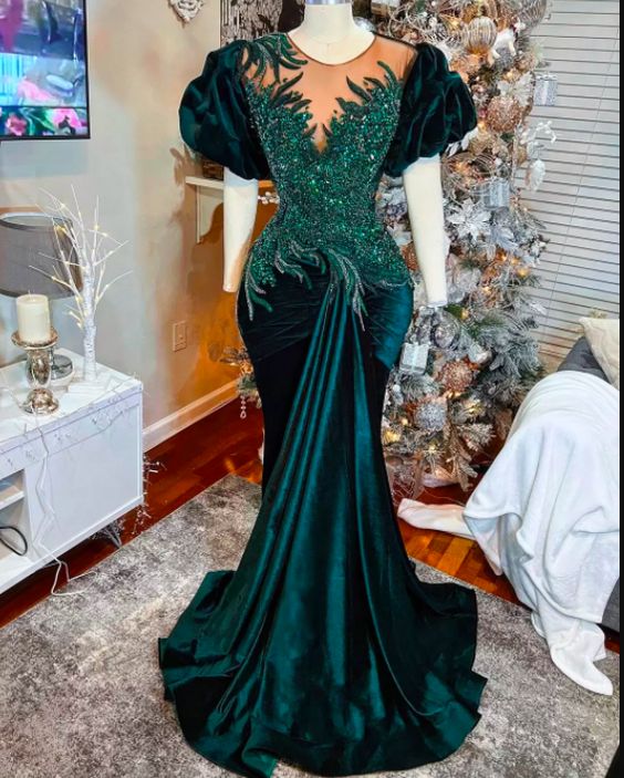 Green prom dresses, sequins prom dresses, mermaid prom dresses, short sleeve prom dresses fg801