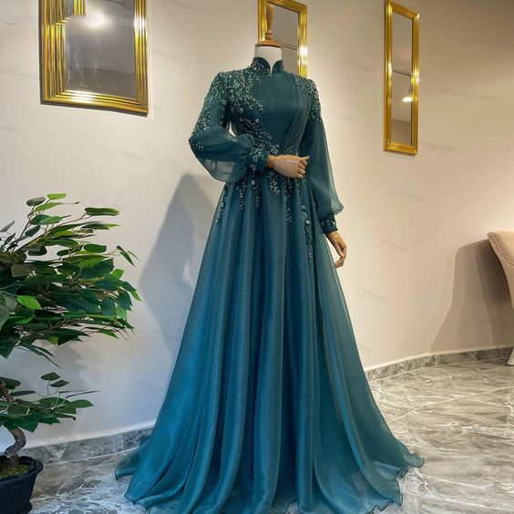green prom dresses, high neck prom dresses fg804
