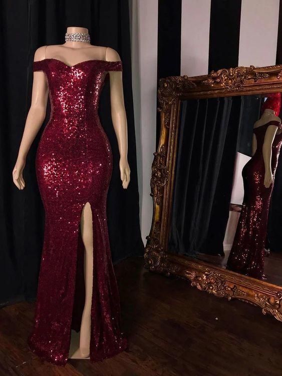 Amazing Burgundy Prom Dresses Long Off Shoulder Sexy High Split Dress fg914