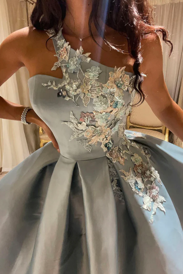 Cute satin lace short prom dress one shoulder evening dress fg963