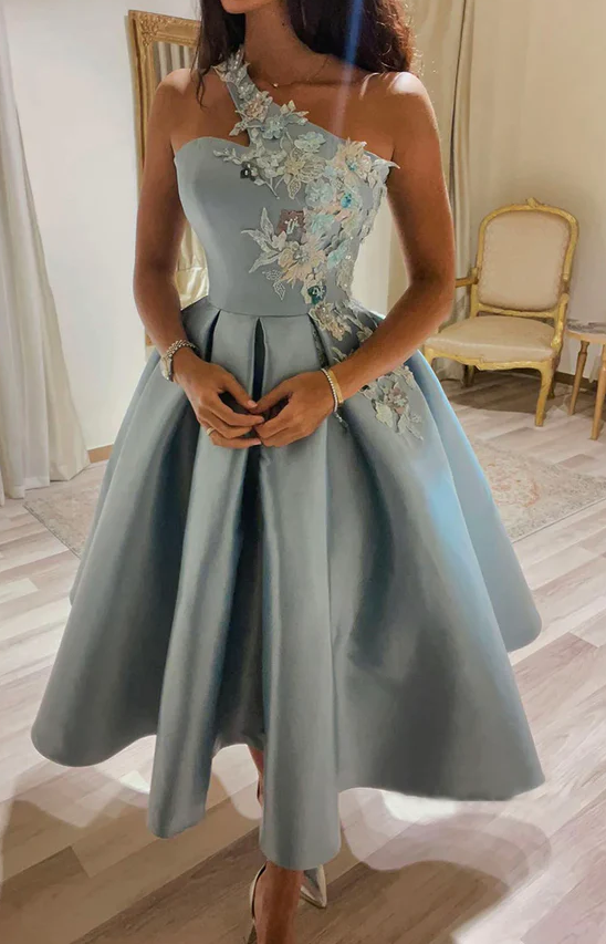 Cute satin lace short prom dress one shoulder evening dress fg963