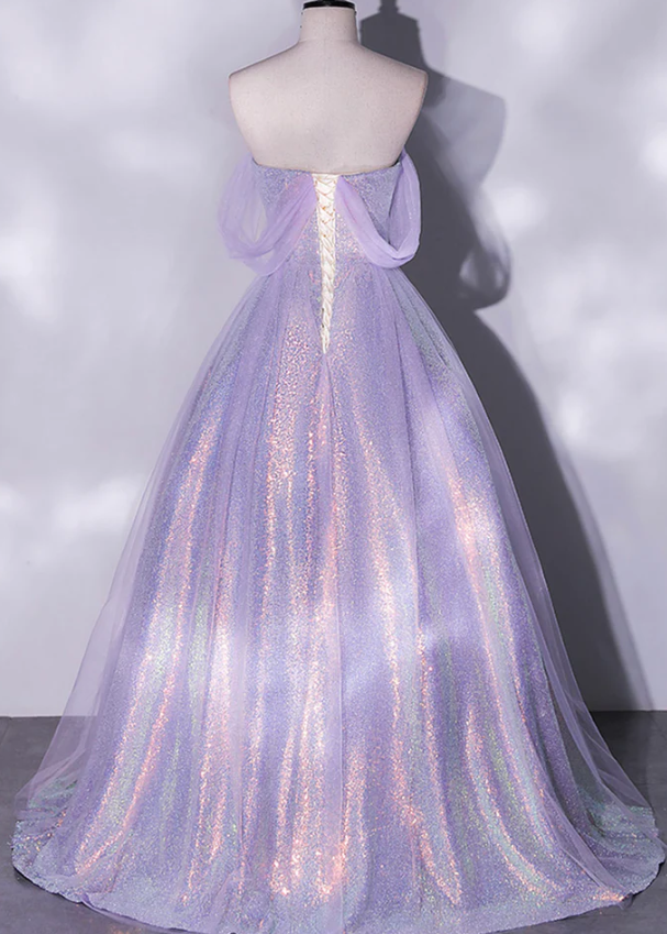 Shiny tulle sequins long purple prom dress A-line evening dress fg966