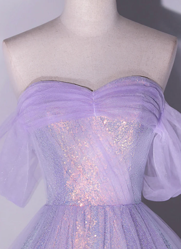 Shiny tulle sequins long purple prom dress A-line evening dress fg966