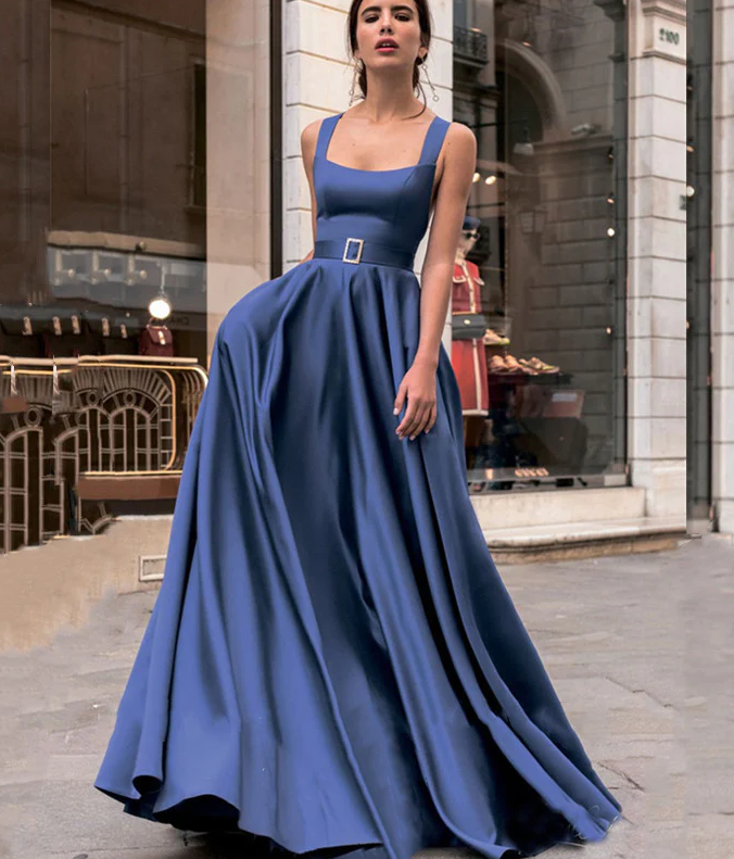Elegant Strapless Sleeveless Evening Dress A-Line Blue Satin Criss-Cross Sashes Prom Dress fg983