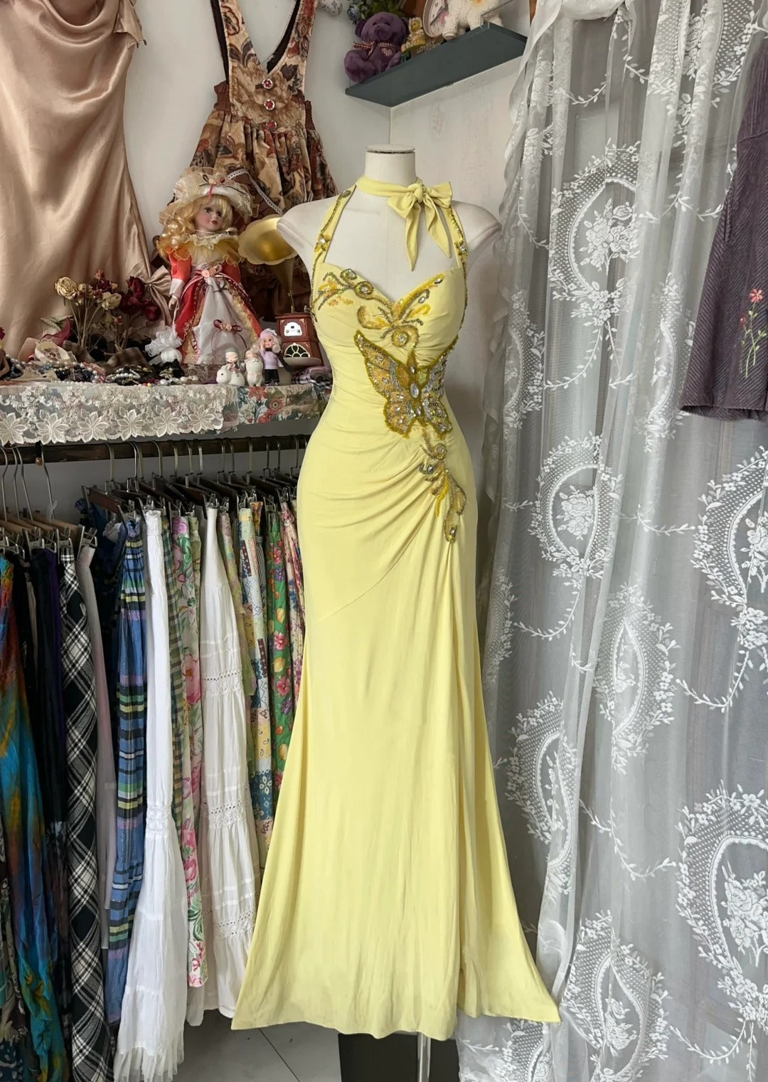 Yellow Halter Mermaid Long Prom Gown Evening Dress    fg7398