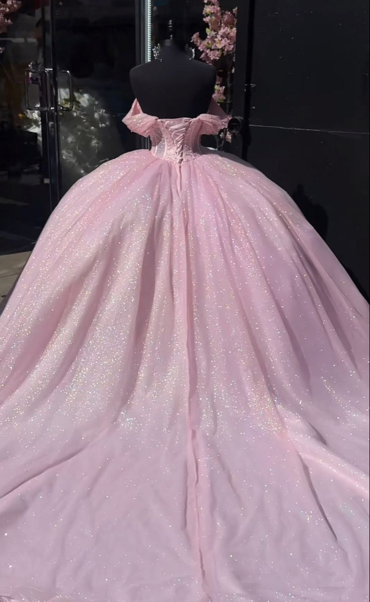 A-line Off The Shoulder Tulle Prom Dress Baby pink quince dress Ball Gowns      fg5244