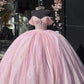 A-line Off The Shoulder Tulle Prom Dress Baby pink quince dress Ball Gowns      fg5244