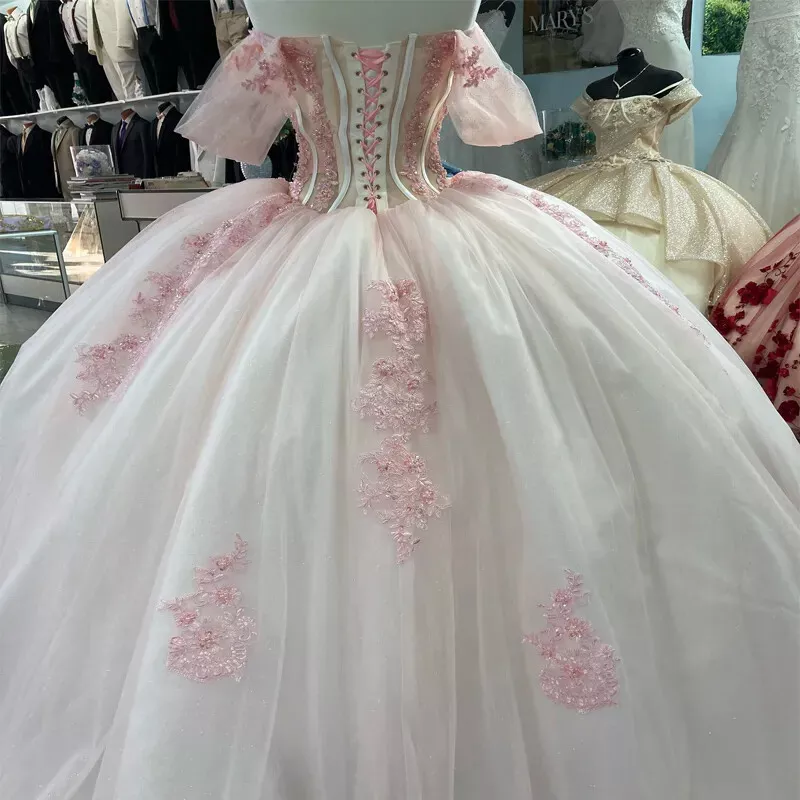 Pink Lace Quinceanera Dress Ball Gown Applique Lace Tulle Party Sweet 16 Dress     fg7352