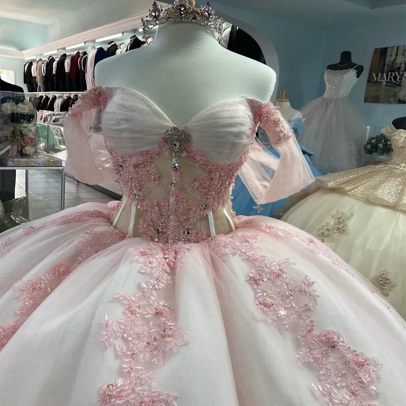 Pink Lace Quinceanera Dress Ball Gown Applique Lace Tulle Party Sweet 16 Dress     fg7352