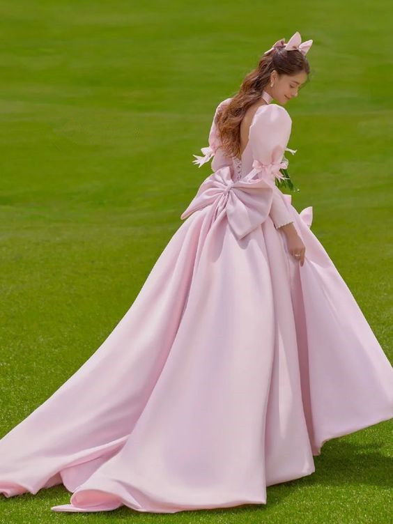 A line Long Sleeves Pink Satin Long Prom Dress Party Dresses   fg6696