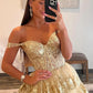 Gold A-Line Tulle Gold Sequin Long Prom Dress, Gold Long Evening Dress     fg5526