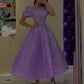 Glitter Champagne Sequined Prom Dresses Puff Short Sleeves Square Neck Ankle Length A Line Formal Evening Gowns        fg4725