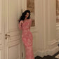 Sexy Sheath Pink Floral Long Sleeves Prom Dresses Birthday Outfits        fg7030