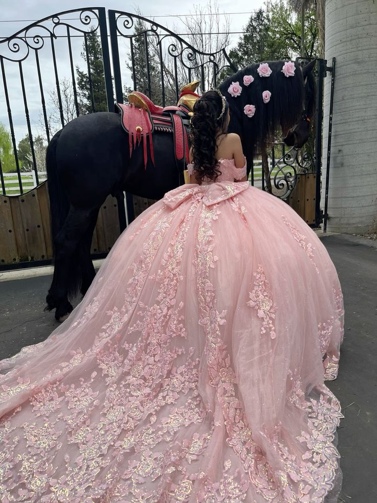 Pink Quinceanera Dress Off Shoulder Appliques Ball Gown With Bow     fg7090