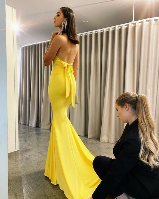 Yellow Backless Mermaid Evening Dress V-Neck Prom Dress      fg7167