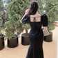 Puff-Sleeve Square-Neck Mermaid Dress,Vintage Black Prom Dress       fg6494