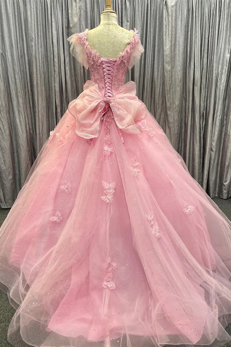 Pink Tulle 3D Floral Lace Bow-Back Ball Gown with Flutter Sleeves        fg6489