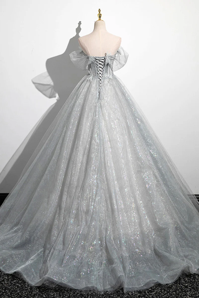 Gray A-Line Off the Shoulder Tulle Prom Dress, Lovely Corset Floor Length Party Dress     fg6478