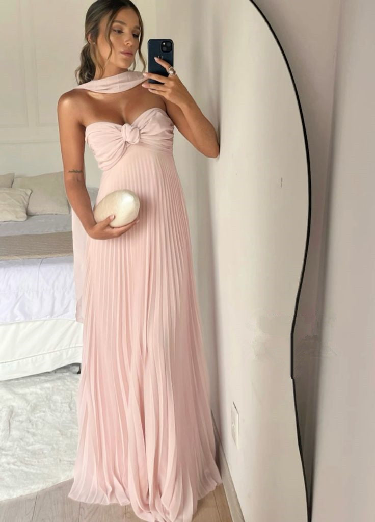 Strapless A Line Pink Long Prom Dress Pleated Formal Party Gown       fg6582