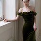 Dark Green Mermaid Velvet Off Shoulder Party Dress, Dark Green Prom Dress        fg6199