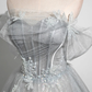 Gray A-Line Off the Shoulder Tulle Prom Dress, Lovely Corset Floor Length Party Dress     fg6478