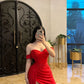 Red Off Shoulder Evening Party Dress With Slit      fg6522