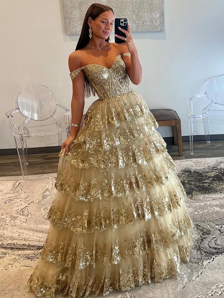 Gold A-Line Tulle Gold Sequin Long Prom Dress, Gold Long Evening Dress     fg5526