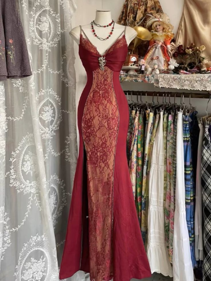 V Neck Lace Burgundy Long Prom Dress Mermaid Evening Party Gown     fg6916